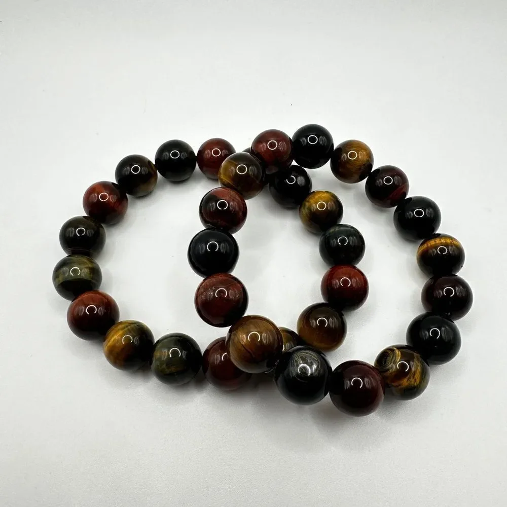 12mm red, black, blue, and yellow tigers eye stone stretchy bracelet!